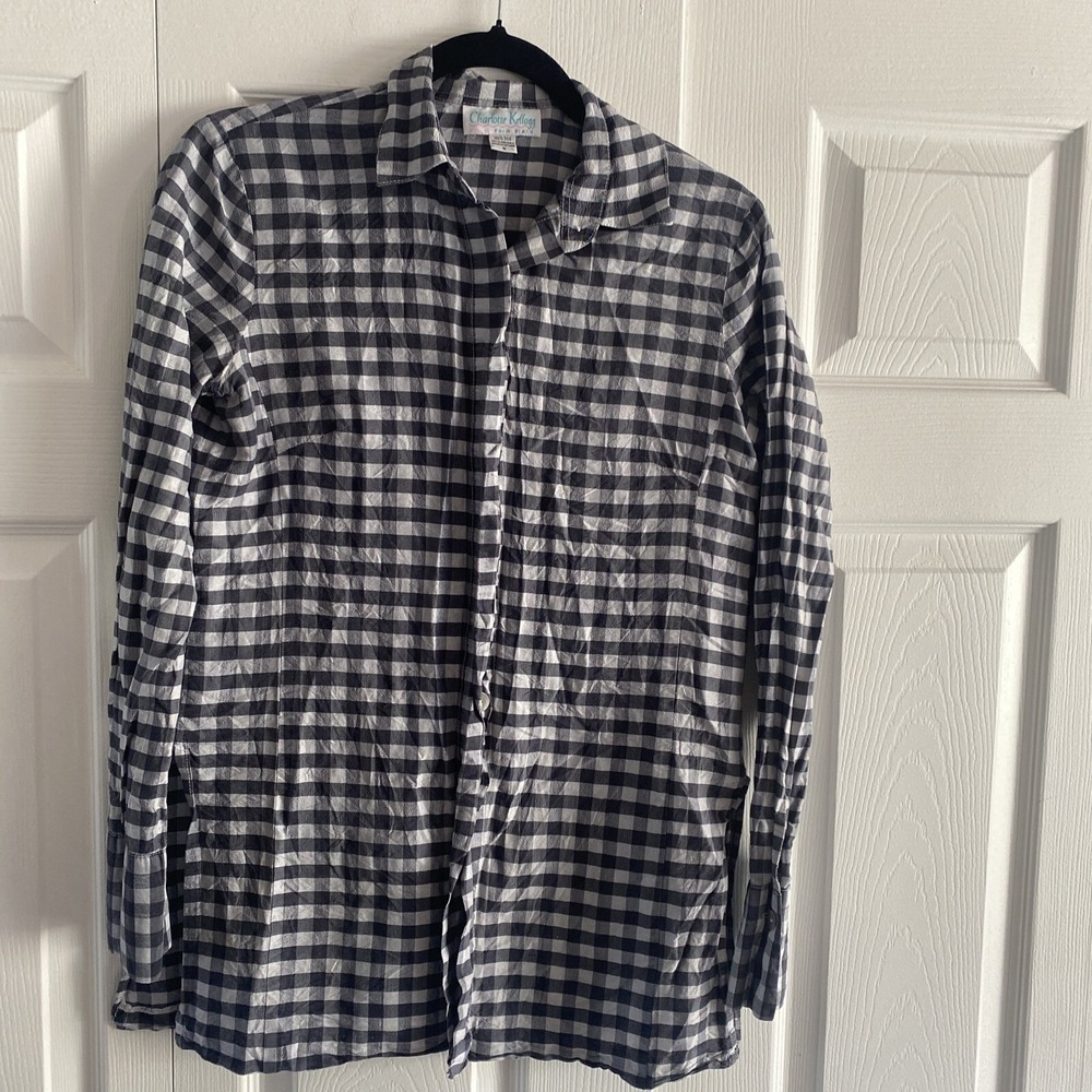 Charlotte Kellogg Gingham Silk Button Down Womens Size Small Gingham Clean Girl
